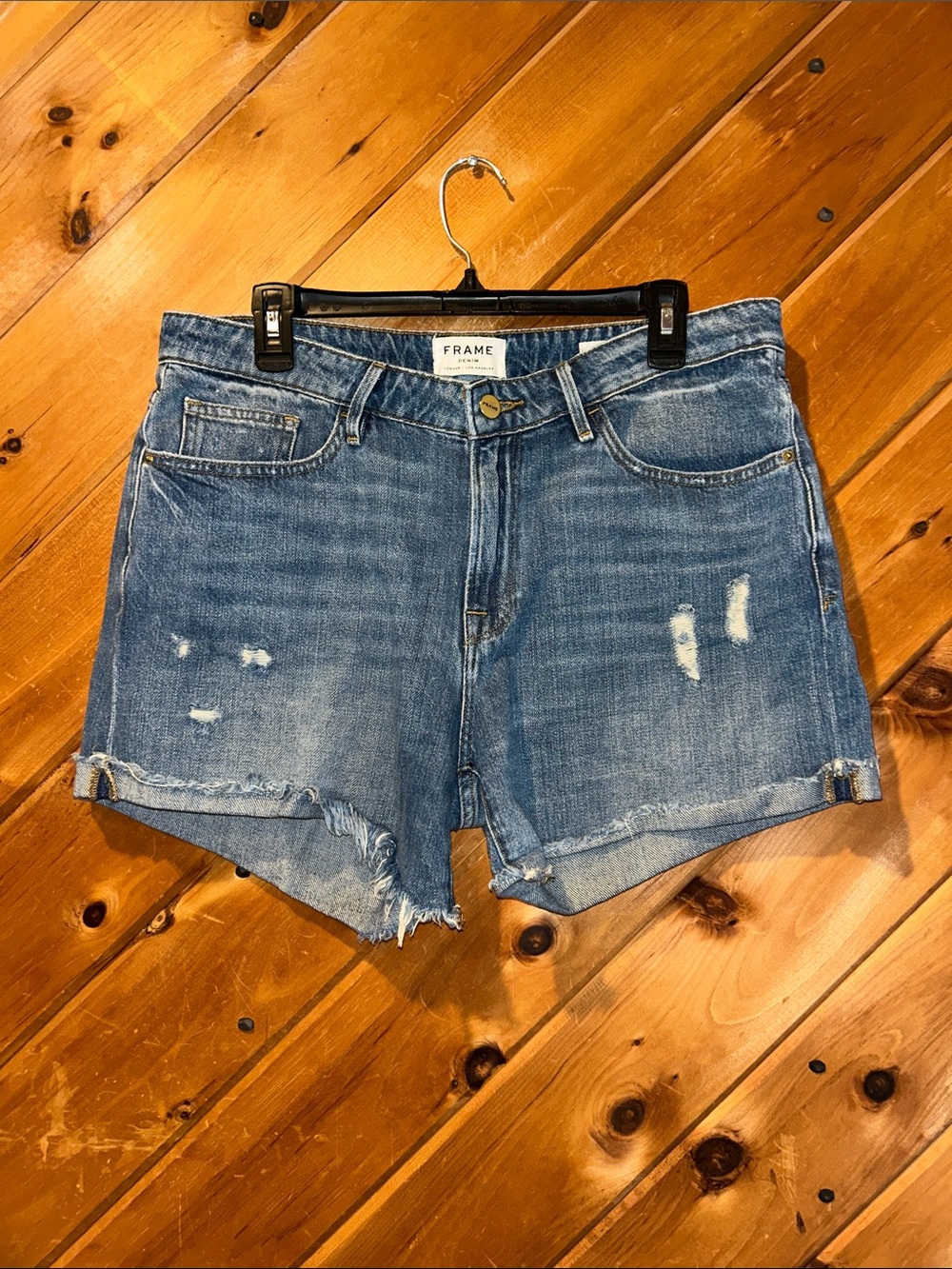 FRAME Le Grand Garçon Denim Distressed Shorts